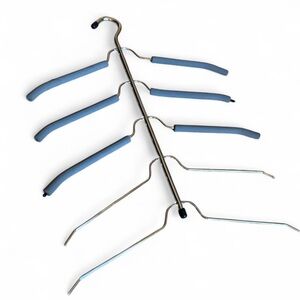 Multi-tier space saving shirt hangers (2). One holds 5 and the other holds 4.